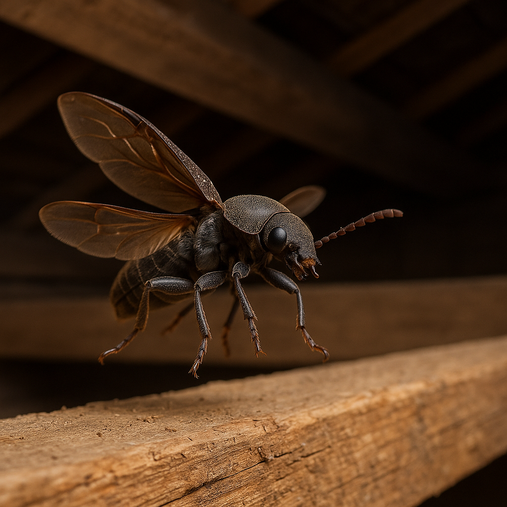 Voksen borebille der flyver – dækvinger løftet, flyvevinger synlige